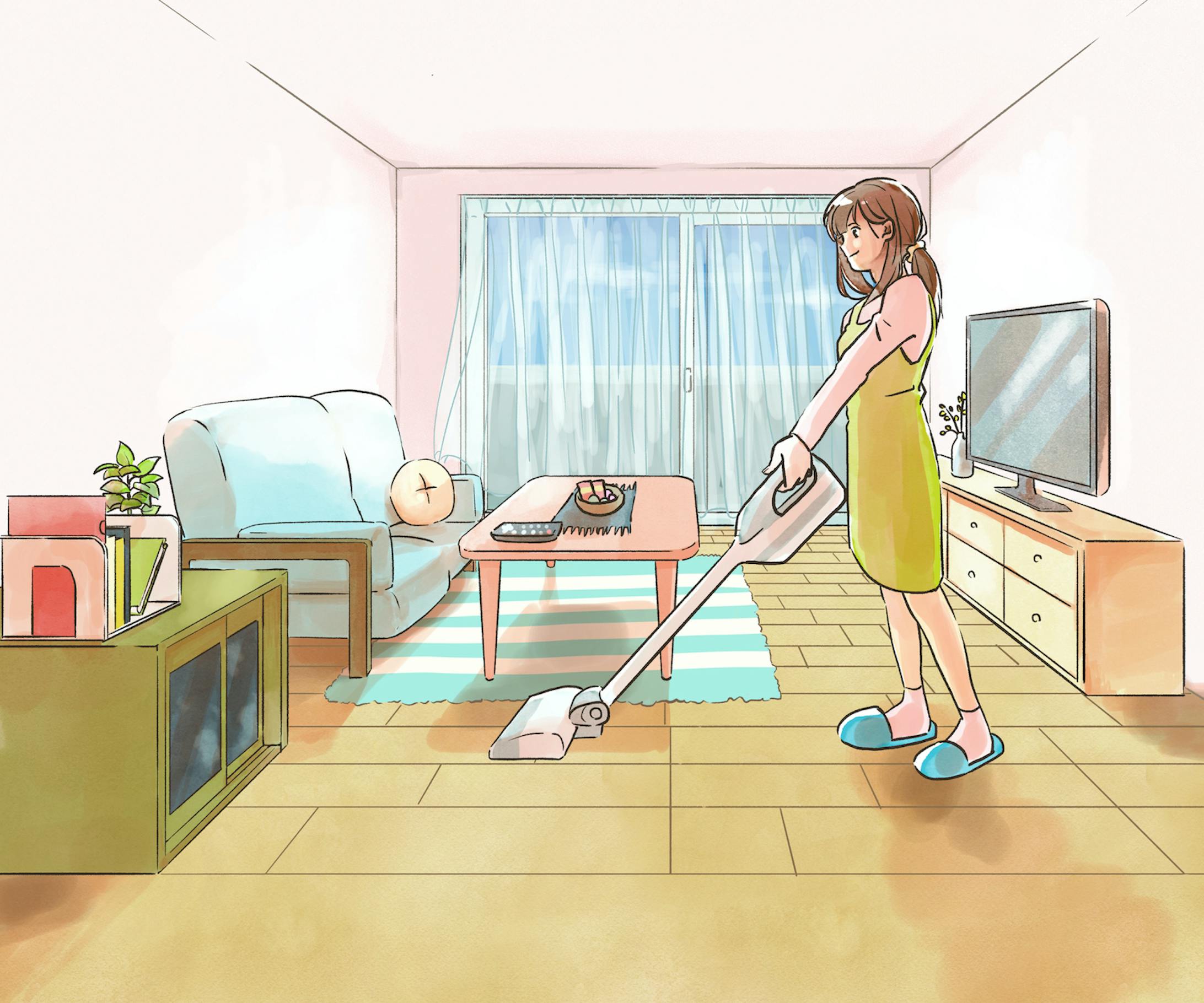 リビングを掃除する女性 リビングを掃除する女性