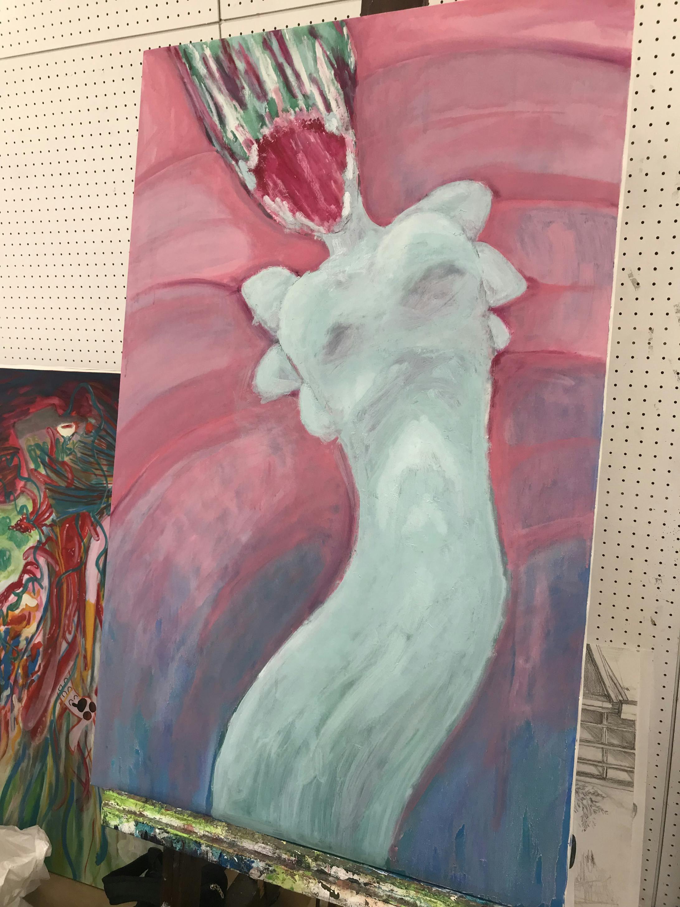 暖色を少しずつ乗せていき、肉感を出せるように丁寧に薄く絵の具を塗り重ねました。 暖色を少しずつ乗せていき、肉感を出せるように丁寧に薄く絵の具を塗り重ねました。