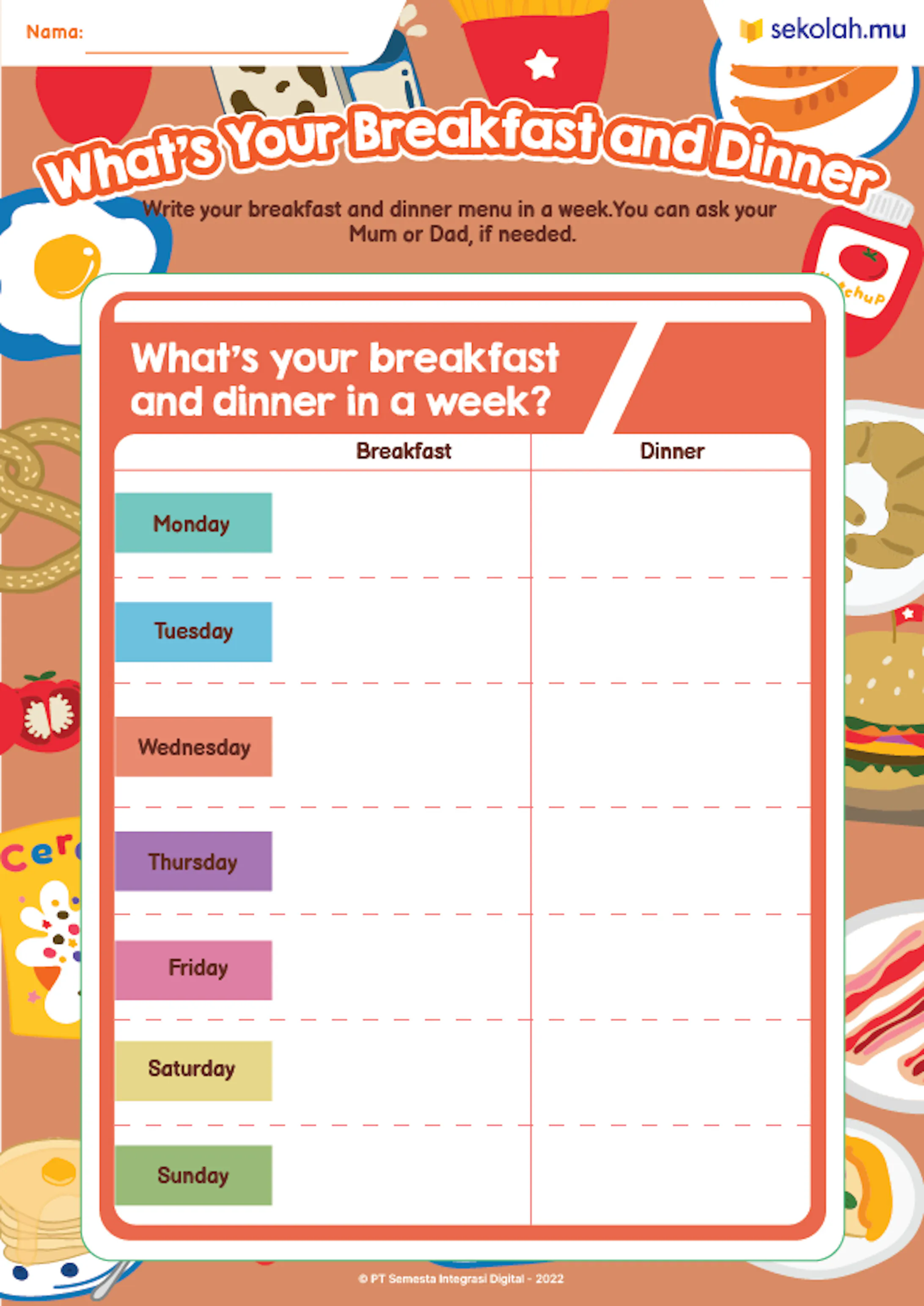 What's your breakfast and dinner First worksheet for kindergaten