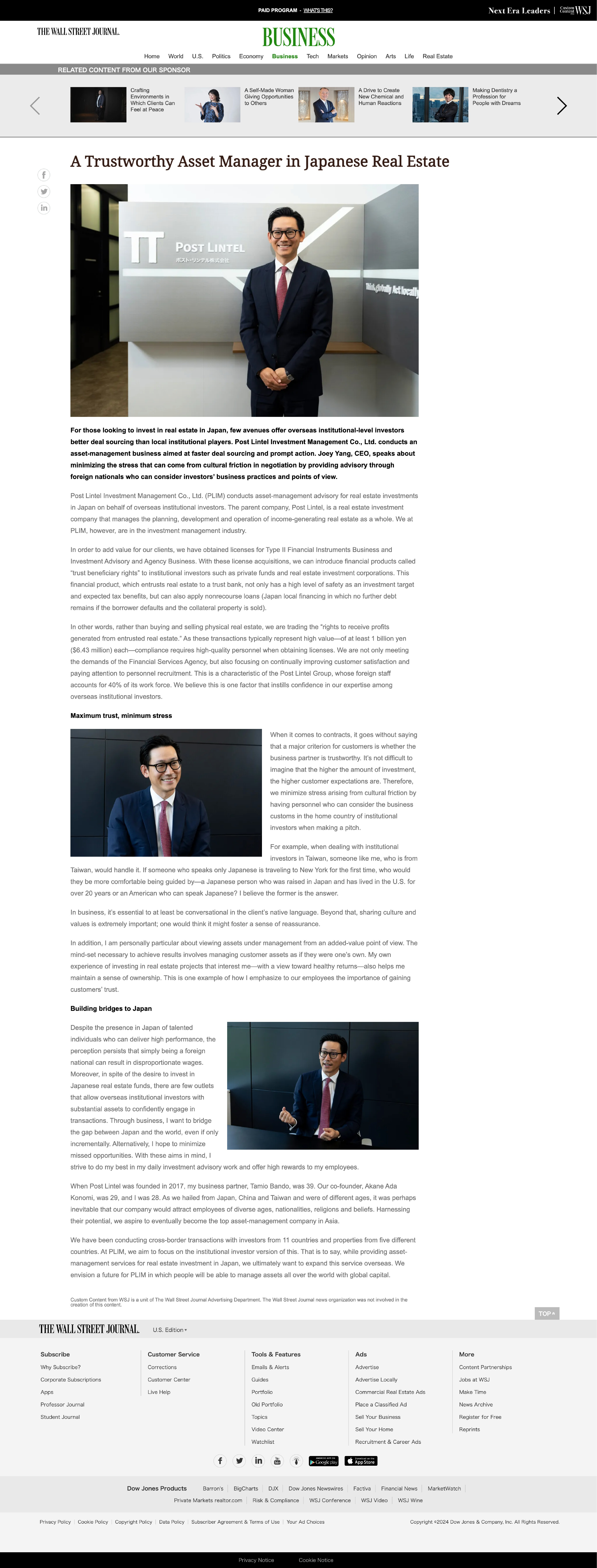 A Trustworthy Asset Manager in Japanese Real Estate｜Wall Street Journal「Next Era Leaders-1