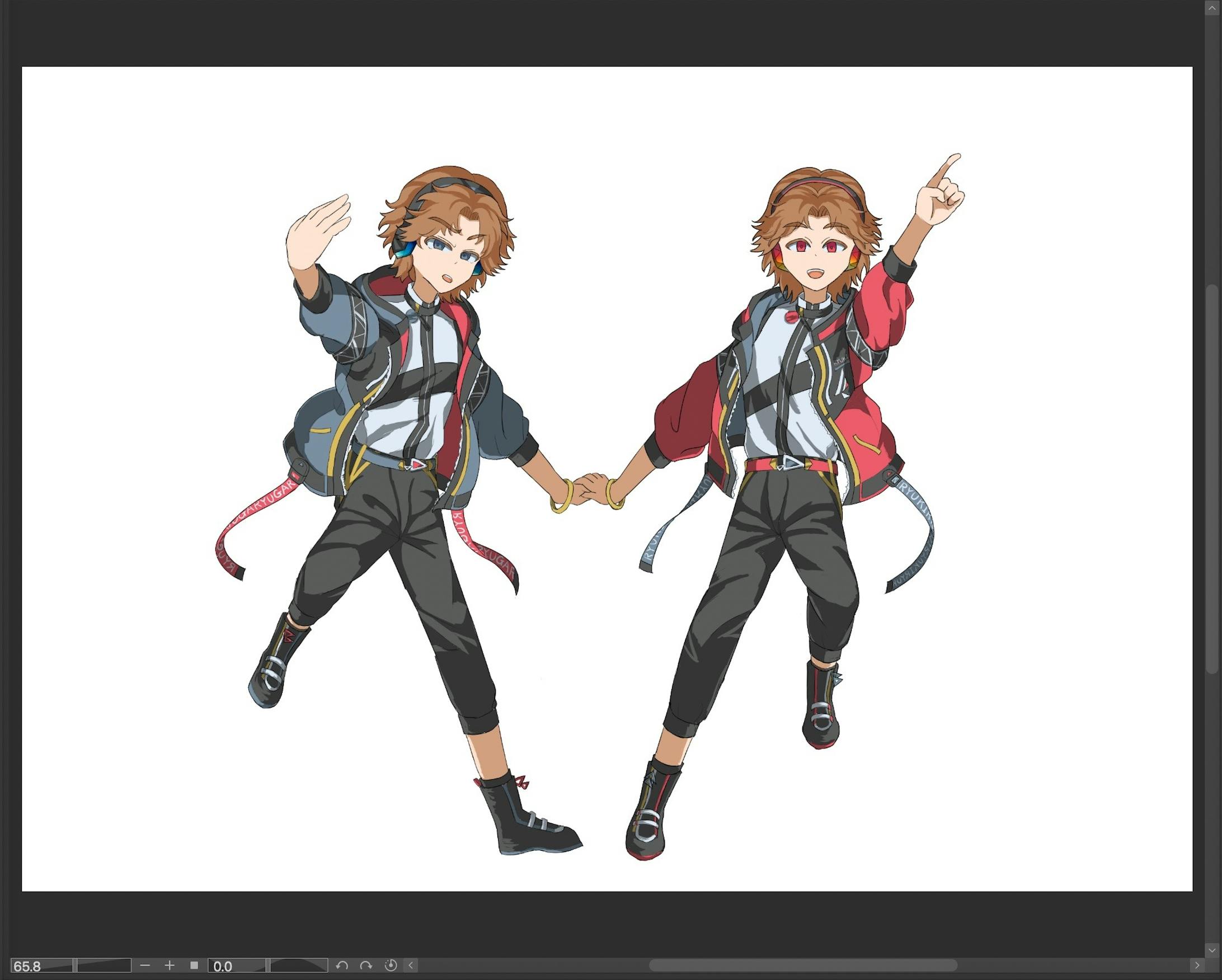 影とシワを全部入れた状態。元のゲームの立ち絵の影がアニメ塗りのようにパキッとしており、自分の絵柄もアニメ塗り寄りにしたかったので普通のペンツールで描画。衣装や靴ヘッドホンは、ボトムスのグレー、肌と髪の毛は髪色から色を取り、レイヤーを乗算に変換し不透明度を65%に下げています。ボトムスは影やシワで光沢感を出したかったのでこの中で1番塗り方が複雑で悩みました。一応それっぽくなったので、満足しながらも今後も塗り方を分析しながら改善していければと思っています。 影とシワを全部入れた状態。元のゲームの立ち絵の影がアニメ塗りのようにパキッとしており、自分の絵柄もアニメ塗り寄りにしたかったので普通のペンツールで描画。衣装や靴ヘッドホンは、ボトムスのグレー、肌と髪の毛は髪色から色を取り、レイヤーを乗算に変換し不透明度を65%に下げています。ボトムスは影やシワで光沢感を出したかったのでこの中で1番塗り方が複雑で悩みました。一応それっぽくなったので、満足しながらも今後も塗り方を分析しながら改善していければと思っています。