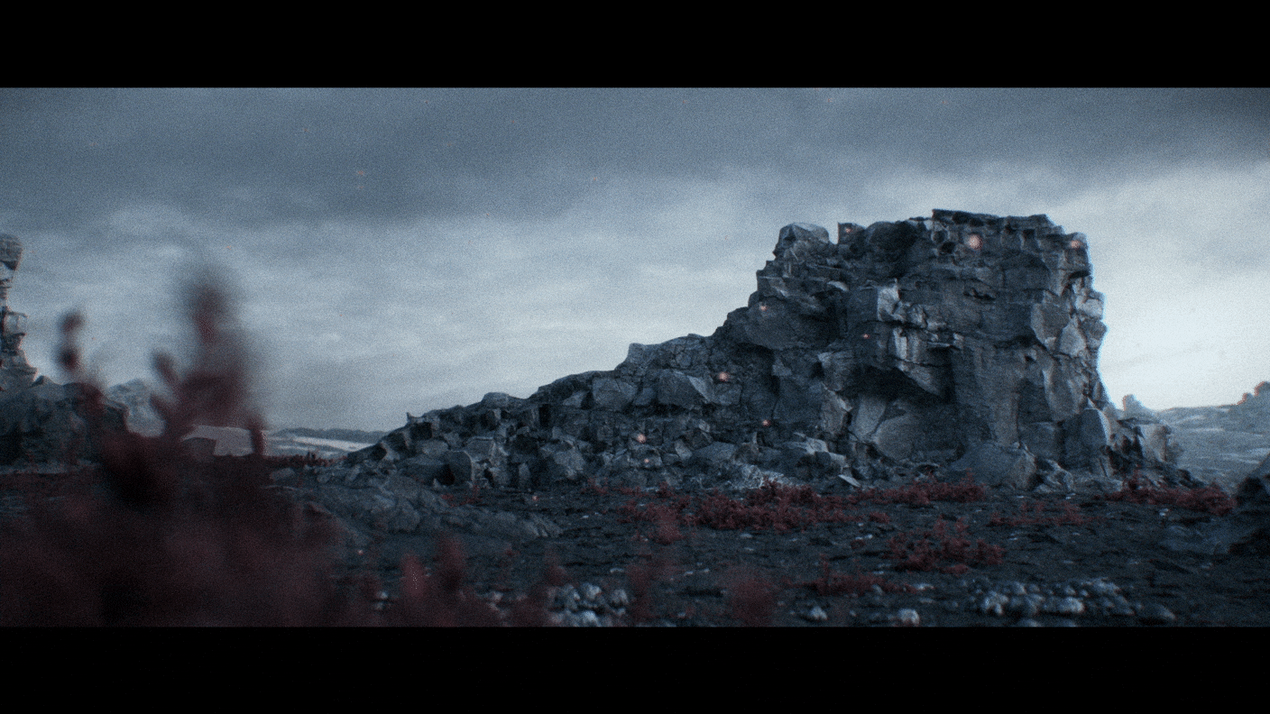 白色の宇宙服を着ている主人公に視聴者の焦点が合うように、地面や岩石などのオブジェクトには比較的暗めのカラーを採用した。