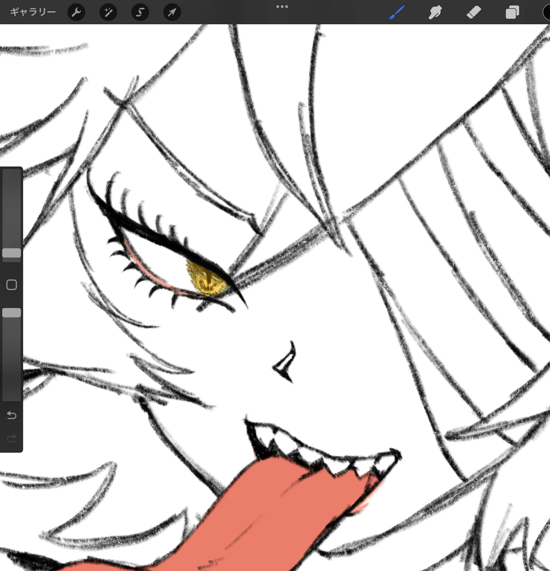 とりあえず目と舌を描き込む。細かくて線の被るパーツから色を乗せてあげようかな。 とりあえず目と舌を描き込む。細かくて線の被るパーツから色を乗せてあげようかな。