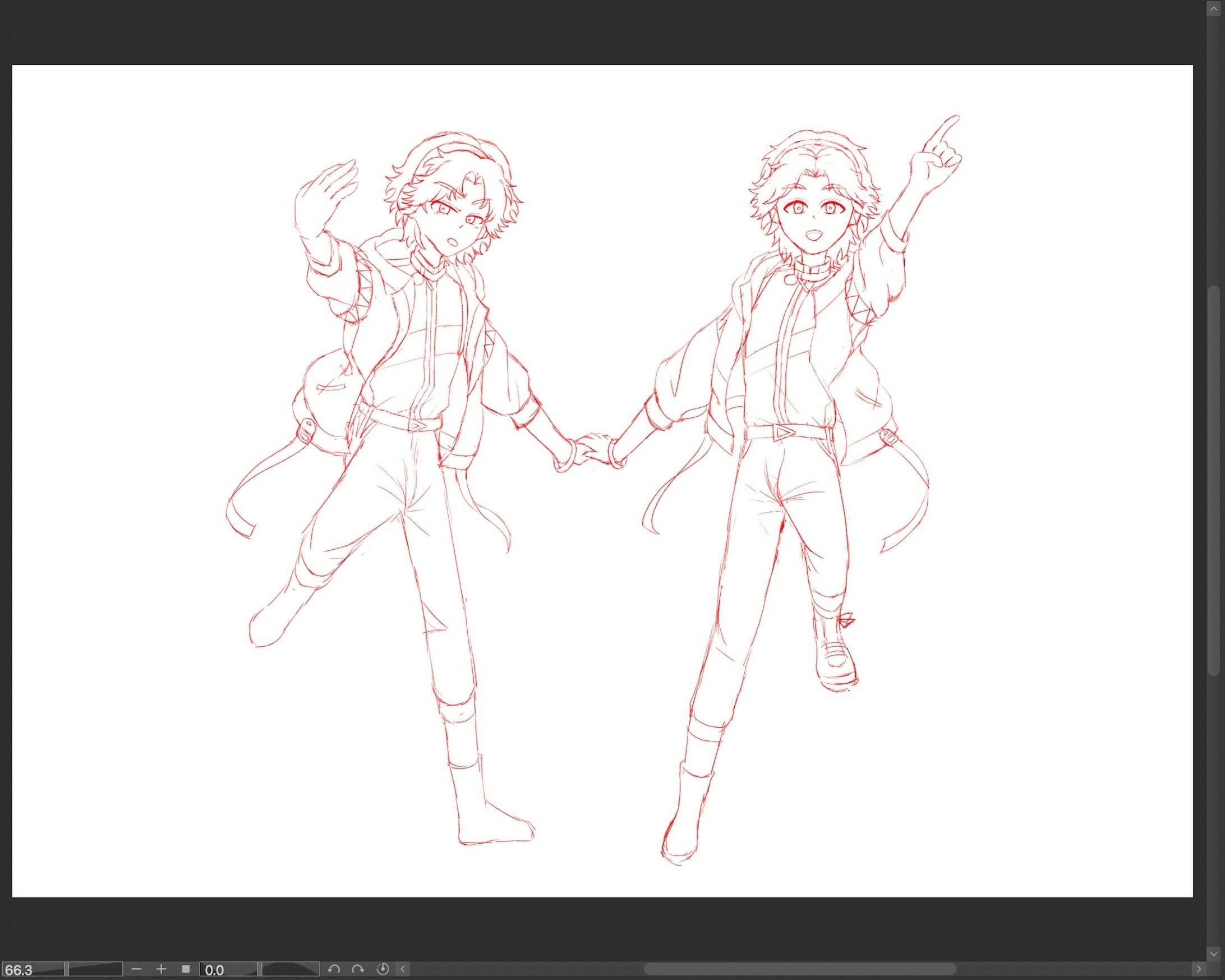 全体図。この時点では、両キャラの内側の脚が細すぎて貧弱そうに見える上に、靴の描き込みが足りず立体感に欠ける為、修正をかけていきます。 全体図。この時点では、両キャラの内側の脚が細すぎて貧弱そうに見える上に、靴の描き込みが足りず立体感に欠ける為、修正をかけていきます。