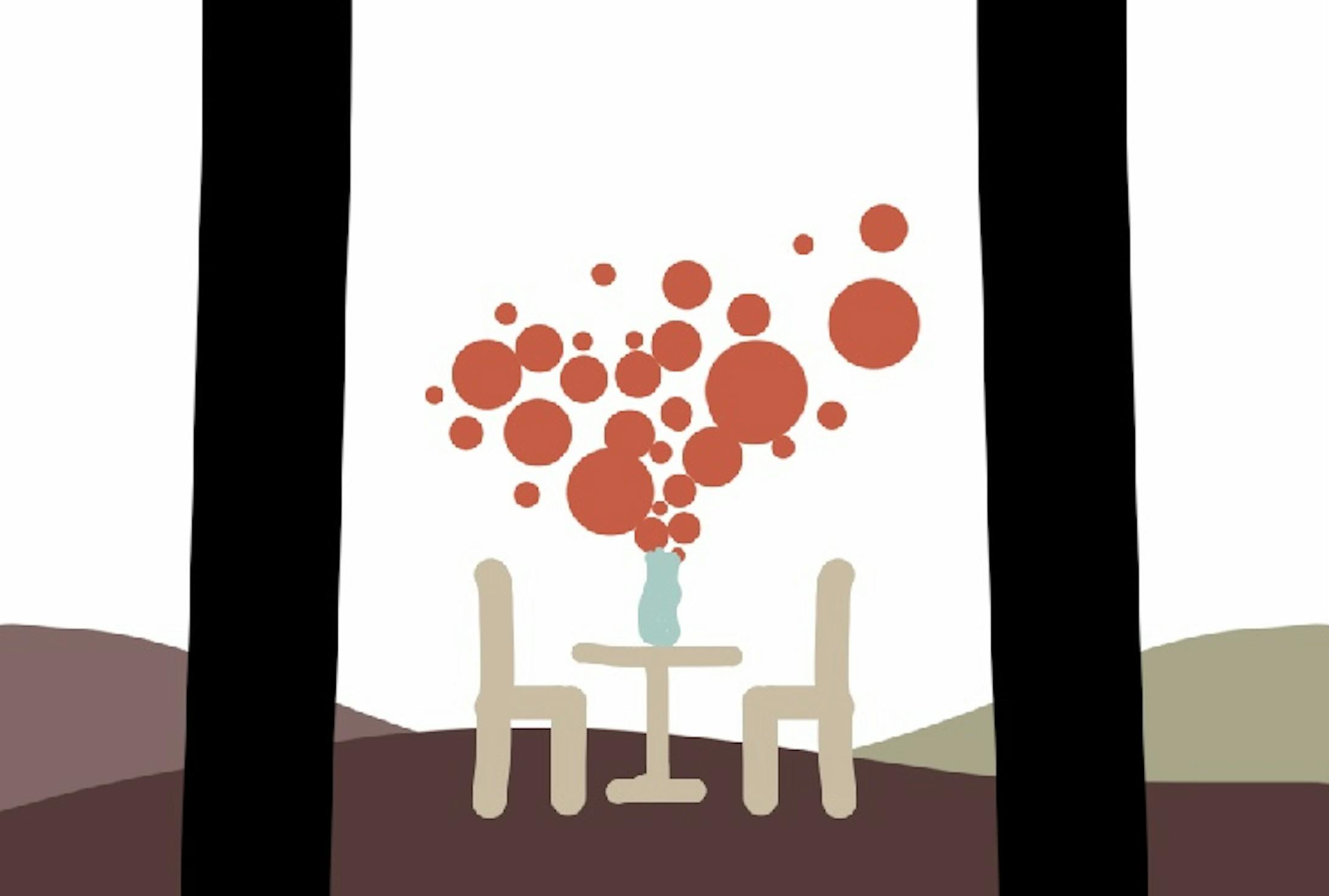 机に花瓶が置かれ、赤いものが吹き出しています。