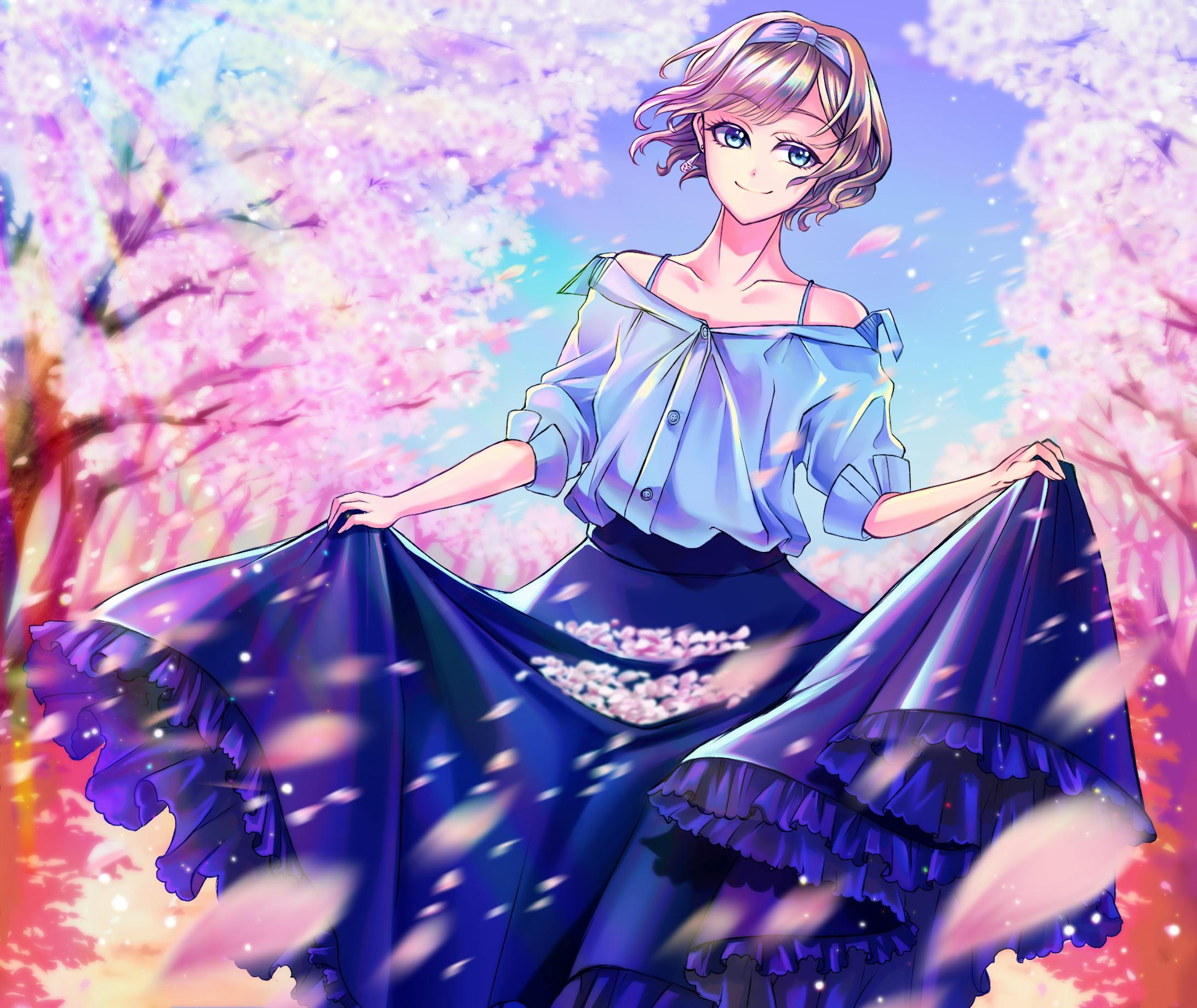 創作イラスト 花吹雪の中で微笑む