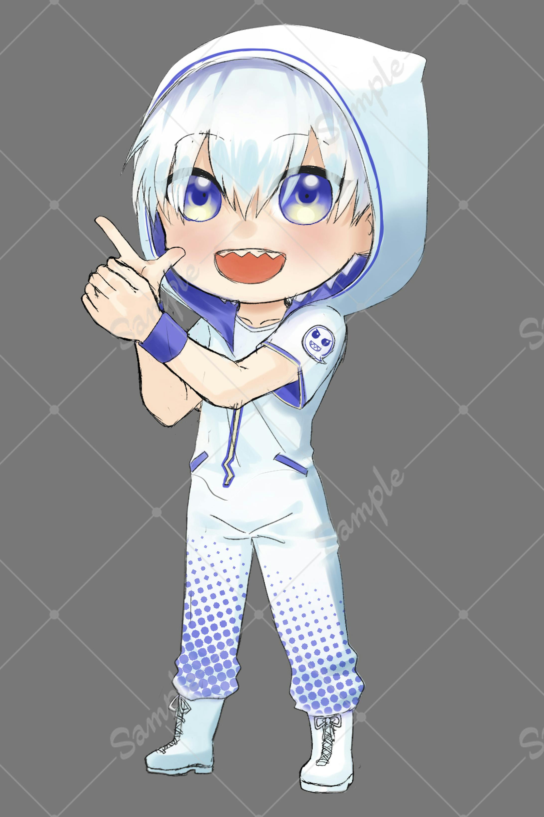   【2022.6】【ミニ立ち絵】【ツール:SAI2】【作業時間:約12時間】依頼者様の固定キャラのお化けを擬人化したイラストです。メインカラーを青白く設定し元の丸いお化けのシルエットが感じらえるようにフードを被せました。袖の部分に元のキャラクターを配置しました。FPSのゲーム配信をしている方だったので銃を構えるポーズにしました。     【2022.6】【ミニ立ち絵】【ツール:SAI2】【作業時間:約12時間】依頼者様の固定キャラのお化けを擬人化したイラストです。メインカラーを青白く設定し元の丸いお化けのシルエットが感じらえるようにフードを被せました。袖の部分に元のキャラクターを配置しました。FPSのゲーム配信をしている方だったので銃を構えるポーズにしました。  