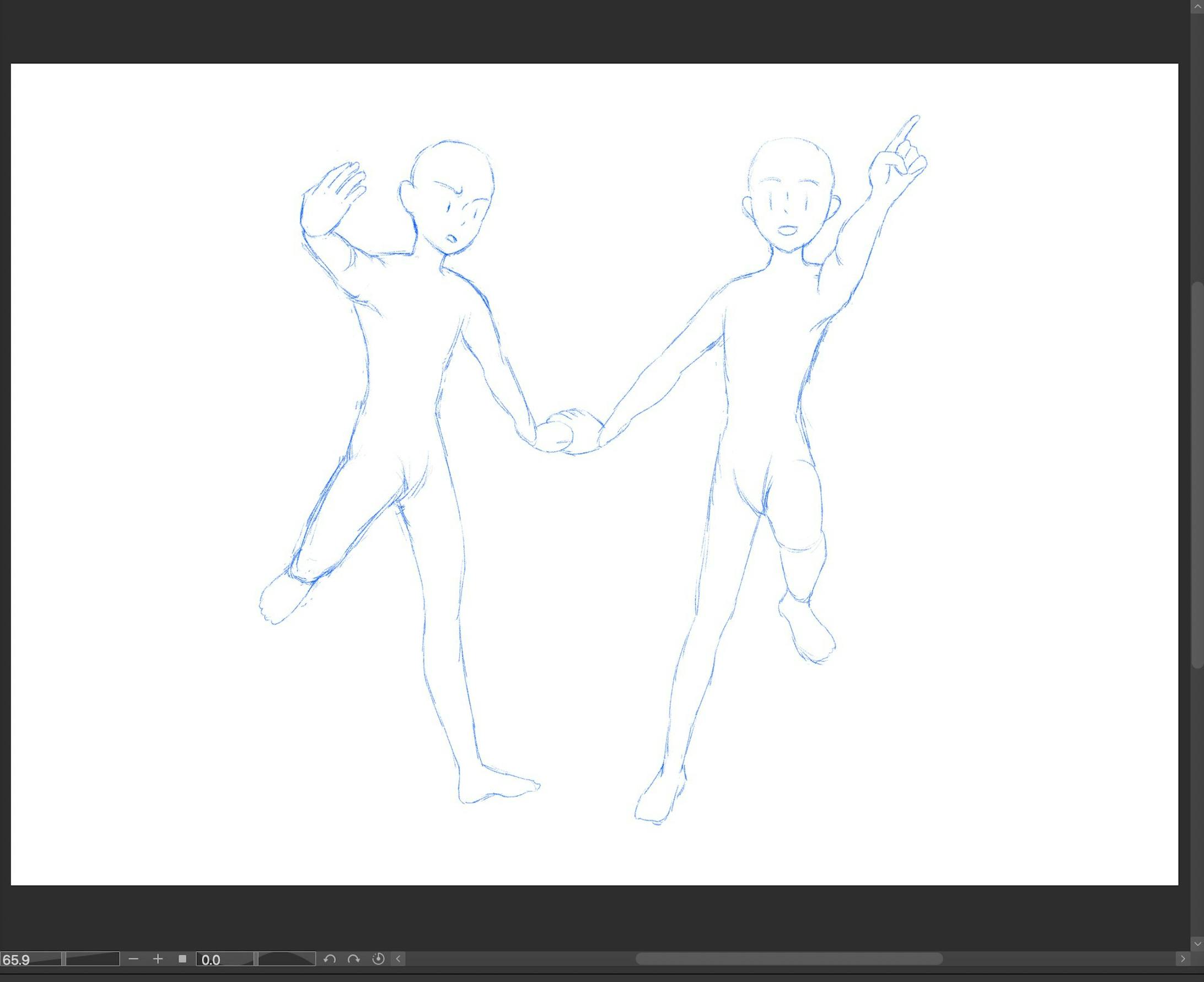 3Dモデルのポージングからとったアタリ。モデルは筋肉質な成人男性ベースな為、ただなぞるだけでなく、スリムなイメージを崩さないように描画しました。この時点でもう少し丁寧に描いておけば、初期のポージングを崩さずスマートな立ち絵に仕上がってたのではないか、というのが今回反省点の1つ。毎度イラストを描く際に、最初に描いた下書きより仕上がりが一回り小さくなる癖に悩まされています。 3Dモデルのポージングからとったアタリ。モデルは筋肉質な成人男性ベースな為、ただなぞるだけでなく、スリムなイメージを崩さないように描画しました。この時点でもう少し丁寧に描いておけば、初期のポージングを崩さずスマートな立ち絵に仕上がってたのではないか、というのが今回反省点の1つ。毎度イラストを描く際に、最初に描いた下書きより仕上がりが一回り小さくなる癖に悩まされています。