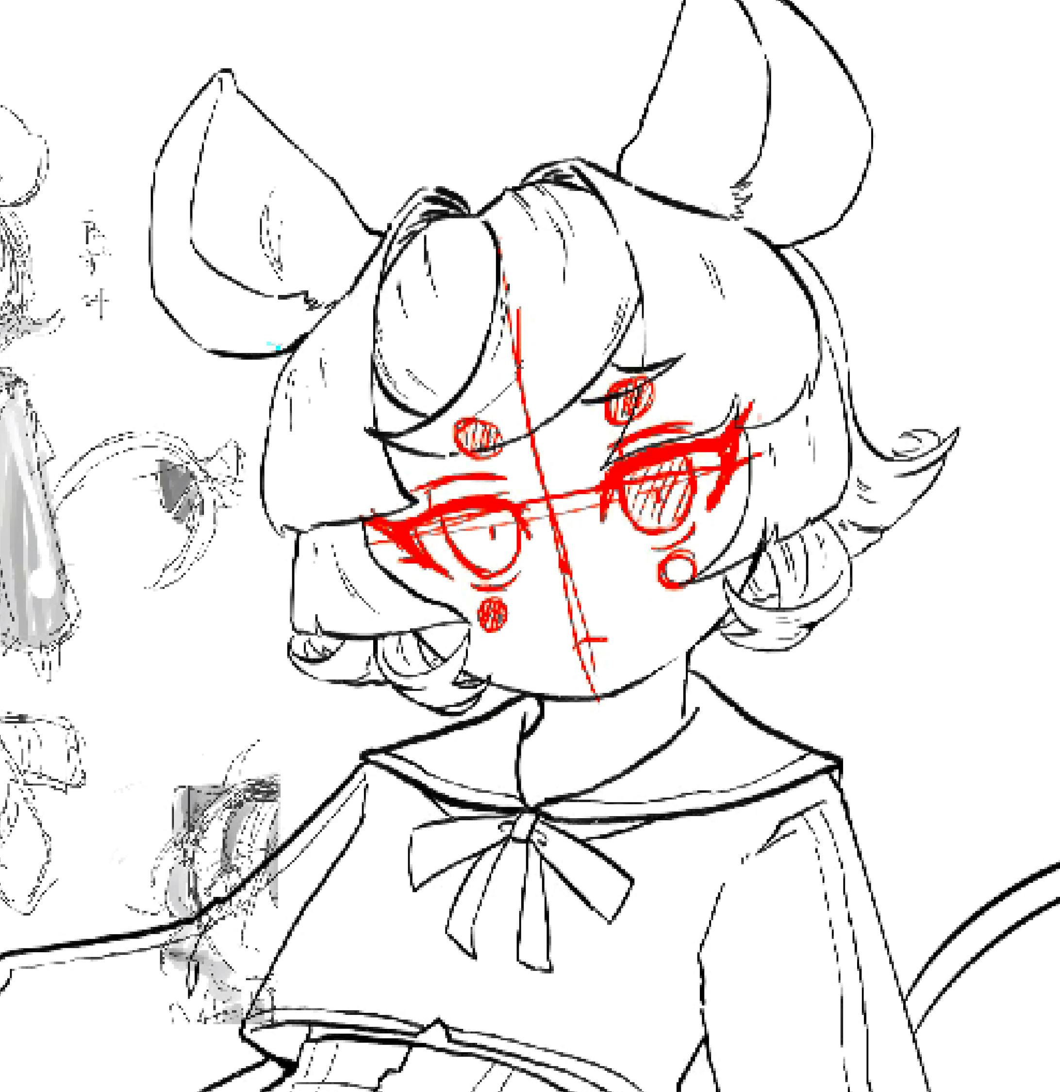 清書の過程で幼なげが足りないなあと感じたため、顔を描き込む際に顔パーツ全体をバランス調整。全体的に中心に寄せ、あどけなさを演出し見やすさもアップ。良い感じになりました。 清書の過程で幼なげが足りないなあと感じたため、顔を描き込む際に顔パーツ全体をバランス調整。全体的に中心に寄せ、あどけなさを演出し見やすさもアップ。良い感じになりました。