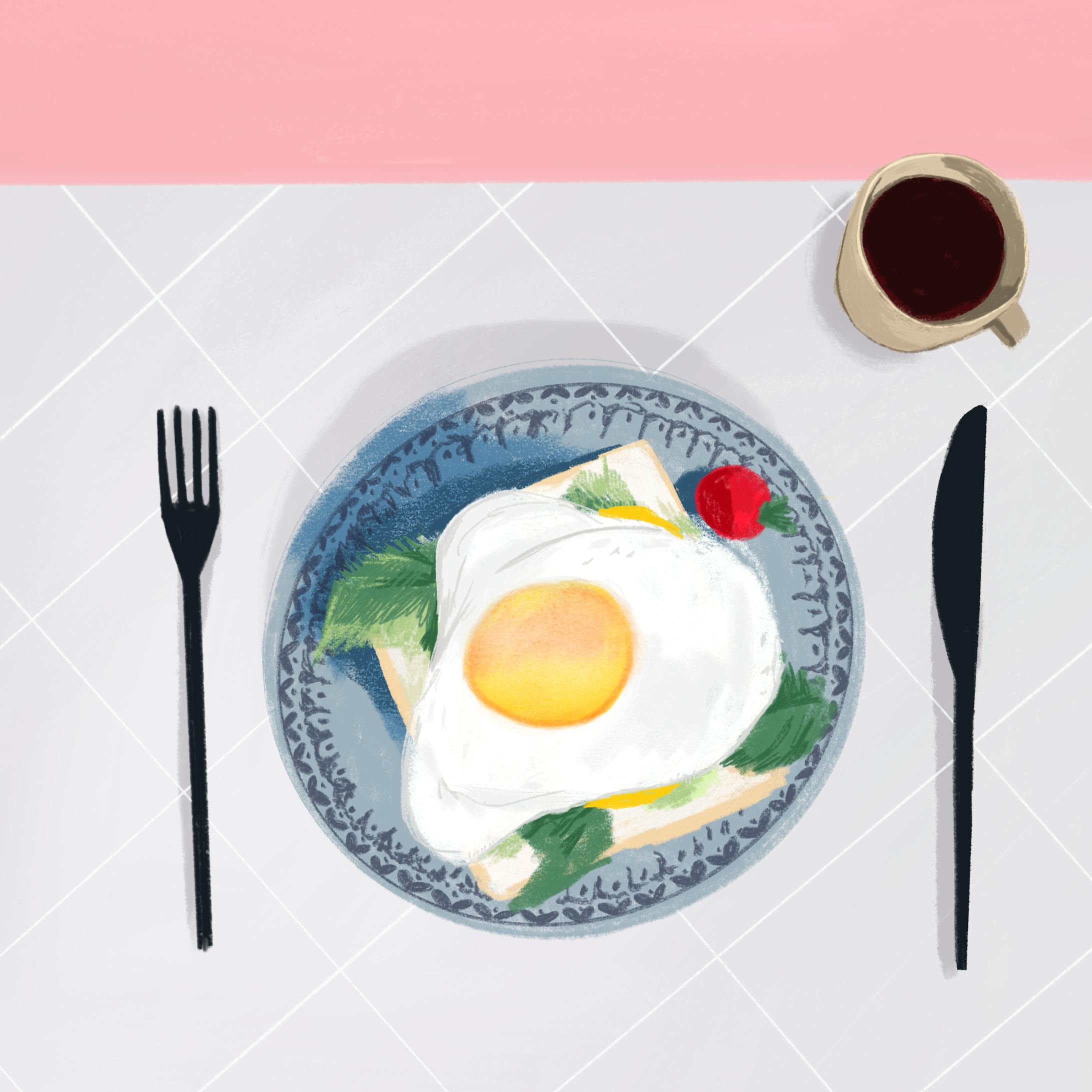 朝、目玉焼き、食パン、コーヒー。-1