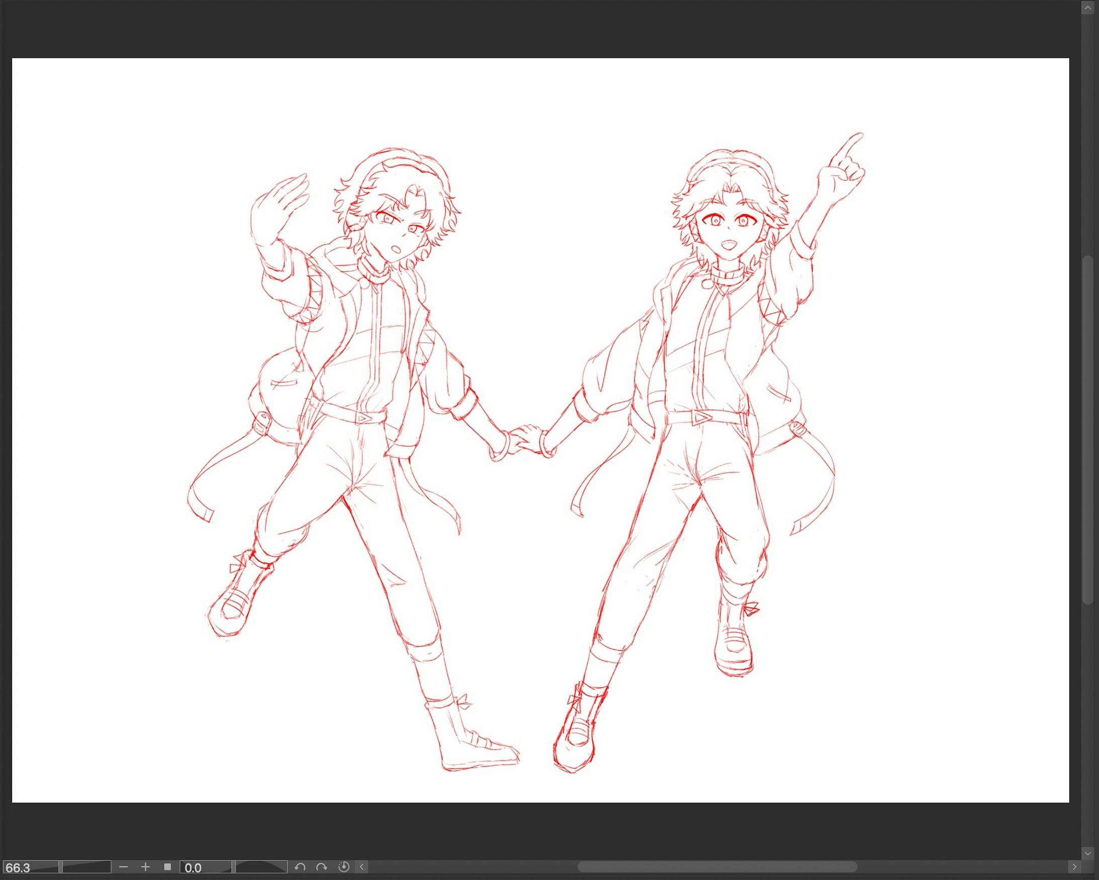 修正後。脚部の安定感を出しつつ開脚幅を広げることで、キャラクターがより手前に飛び出しているような躍動感を加えました。パーツを太くした分、アタリの時のスリムさが薄れてしまい、全体的にこじんまりとして、幼い絵柄になってしまったのが反省点。ラフなのでキャンバスサイズも考えると、線画に入る前に多少拡大させた方が良かったかなと見返して実感しています。 修正後。脚部の安定感を出しつつ開脚幅を広げることで、キャラクターがより手前に飛び出しているような躍動感を加えました。パーツを太くした分、アタリの時のスリムさが薄れてしまい、全体的にこじんまりとして、幼い絵柄になってしまったのが反省点。ラフなのでキャンバスサイズも考えると、線画に入る前に多少拡大させた方が良かったかなと見返して実感しています。