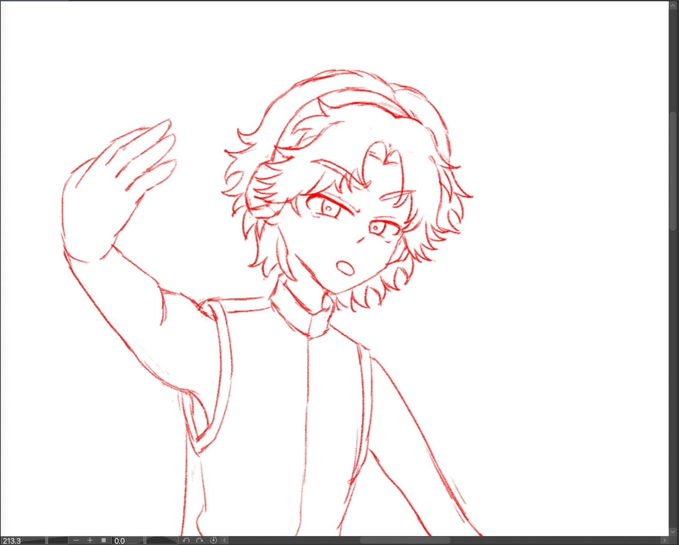 左キャラクターのラフ。右とは異なり、顔が正面を向いておらず右向きの顔をそのまま描こうとすると崩れる為、反転を多用して描画。髪の毛を描く時など特に左側のはねっ気が強くなる傾向があるので、状況に応じて左右どちらを基準に反対側を反転して描画するか使い分けています。また、ボリューミーな衣装をそのまま描くことを困難に感じた為、画像のように一度身体の線画を描いてからキャラクターに着せるように衣装を描画し、隠れた部分を消して整えました。パーカーの下の衣装の元デザインがノンスリーブであった為、ここら辺はだいぶ助かりました。