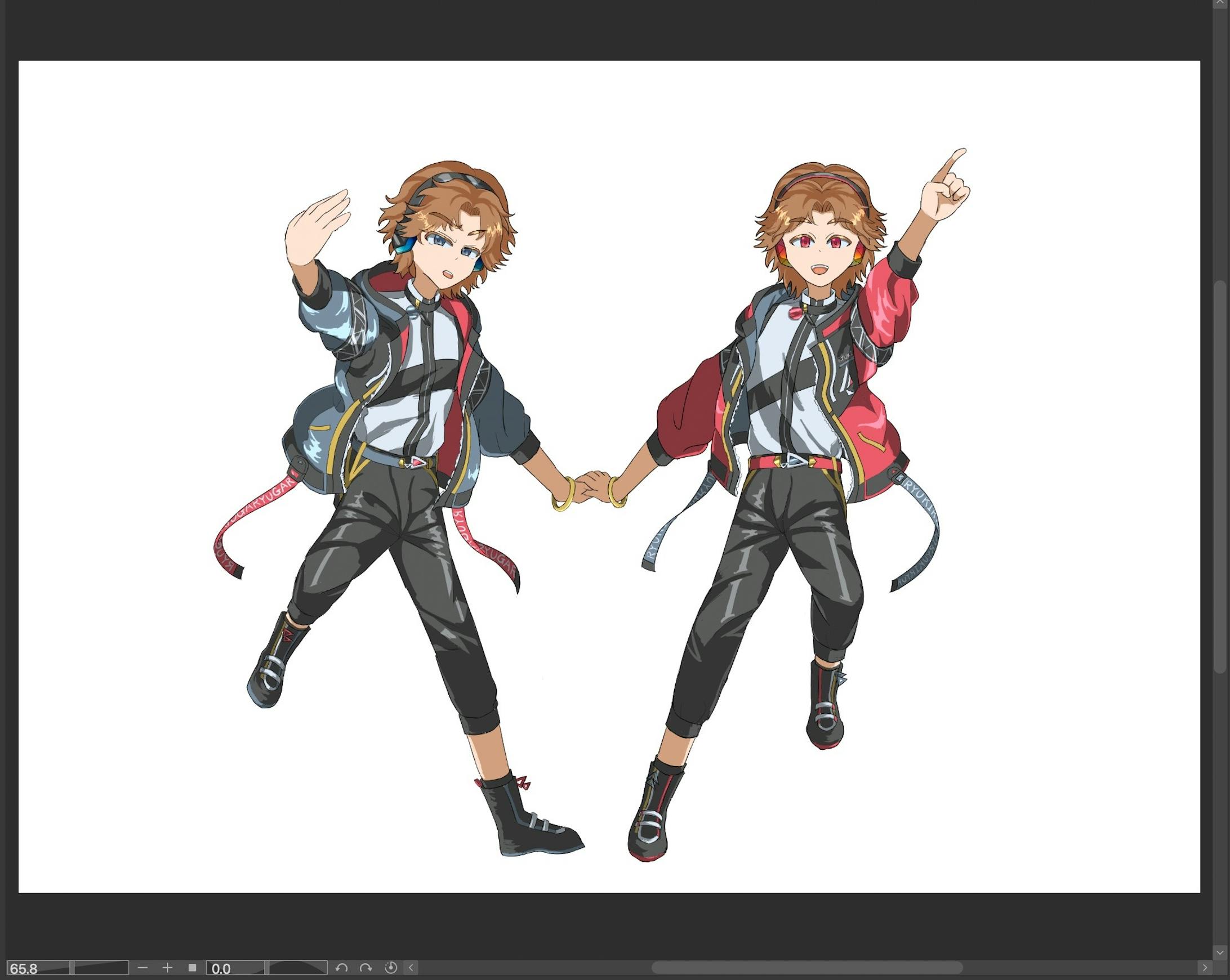 ハイライトを入れた全体図。レイヤーは加算(発光)で、不透明度は70%。こちらも元のゲームの立ち絵から単純な描画であった為、変に発光させないように仕上げました。パーカーのハイライトだけは、各ベースカラーからとって描いていたのですが、左キャラクターのパーカーのハイライト部分の白みが強すぎました。ボトムスのハイライトは光沢感を引き出せたので上手くいったかなと思っています。 ハイライトを入れた全体図。レイヤーは加算(発光)で、不透明度は70%。こちらも元のゲームの立ち絵から単純な描画であった為、変に発光させないように仕上げました。パーカーのハイライトだけは、各ベースカラーからとって描いていたのですが、左キャラクターのパーカーのハイライト部分の白みが強すぎました。ボトムスのハイライトは光沢感を引き出せたので上手くいったかなと思っています。