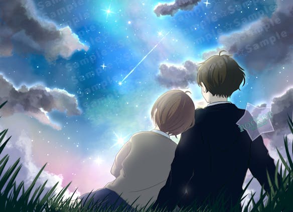 幻想的な星空を眺める2人★学生カップル★オリジナルイラスト