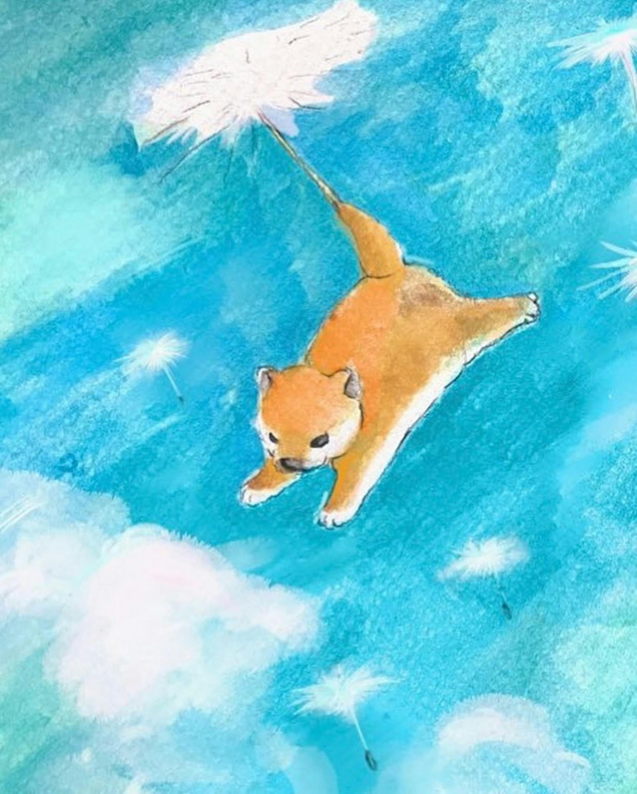 わたげでふわふわ飛んでく子柴 #イラスト #子柴 #水彩 #柴犬 #おえかきぐらむ #水彩イラスト