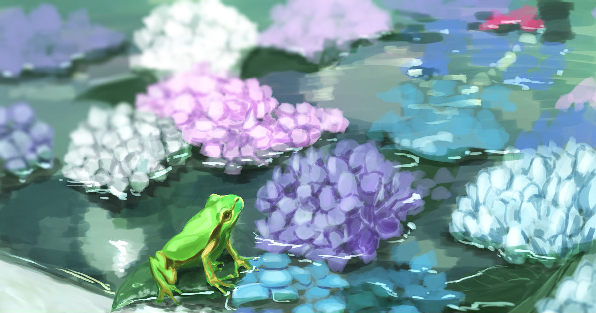 蛙と花手水