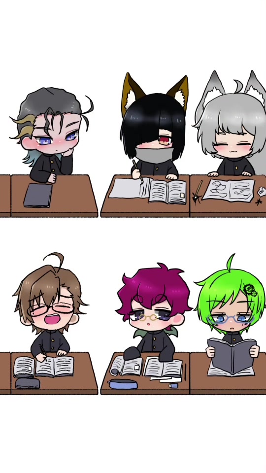 みんなで学生！ あくびでちゃう教科。 あるよなって、、、！！！！！ カマキリくん、齧歯類くん、ノツくん、ロカくん、錦くん #イラスト #illustration #デフォルメ #個人vtuber #FA #依頼受付中 