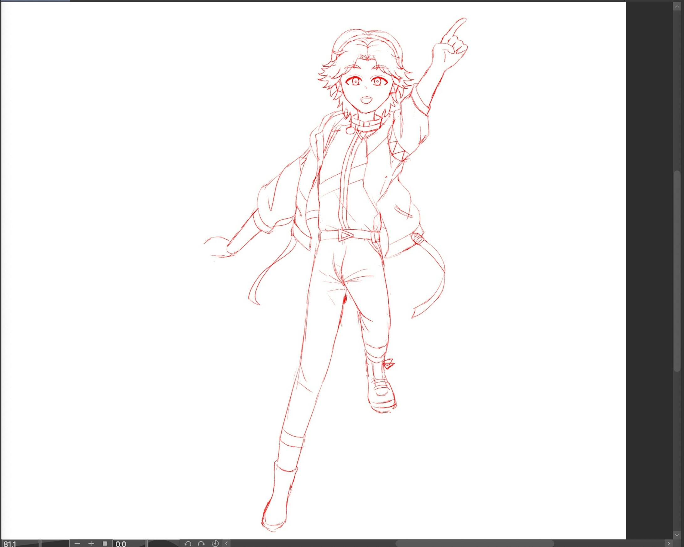 右キャラクターのラフ。描画したキャラクターにも躍動感をつけたいのと、元の衣装が全体的にボリュームがあるので、物理法則に反しない範囲で描くのは難しかったです。以前同ゲームの別キャラクターの立ち絵を参考に二次創作パロディイラストを描いた際、同じポーズで描画したこともあり衣装の構造(陰影やシワ)も概ね参考にできたのですが、今回は一からポージングしていることもあり違和感が払拭できているかが気になる所。