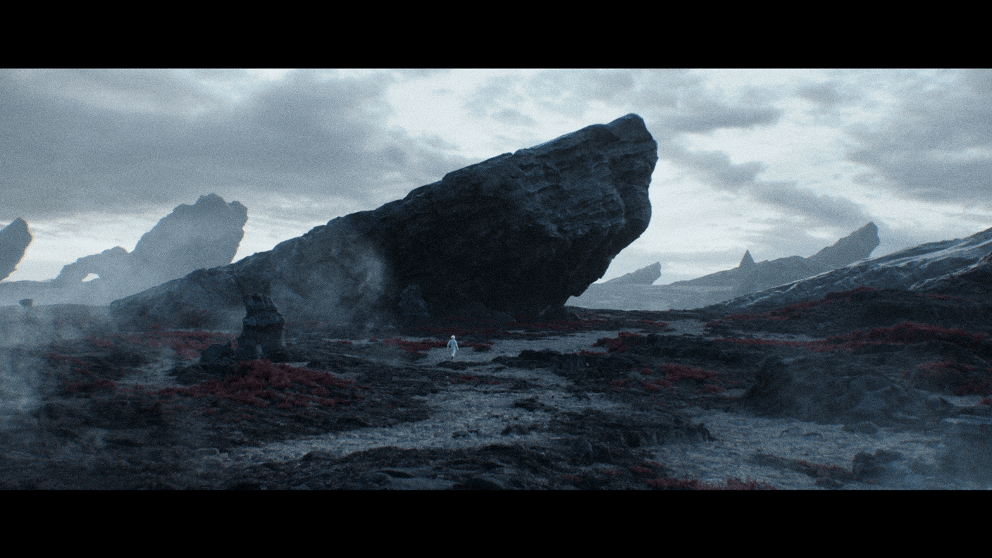 モノトーンの背景CGで地球の自然環境が変わり果てたことを表現した。