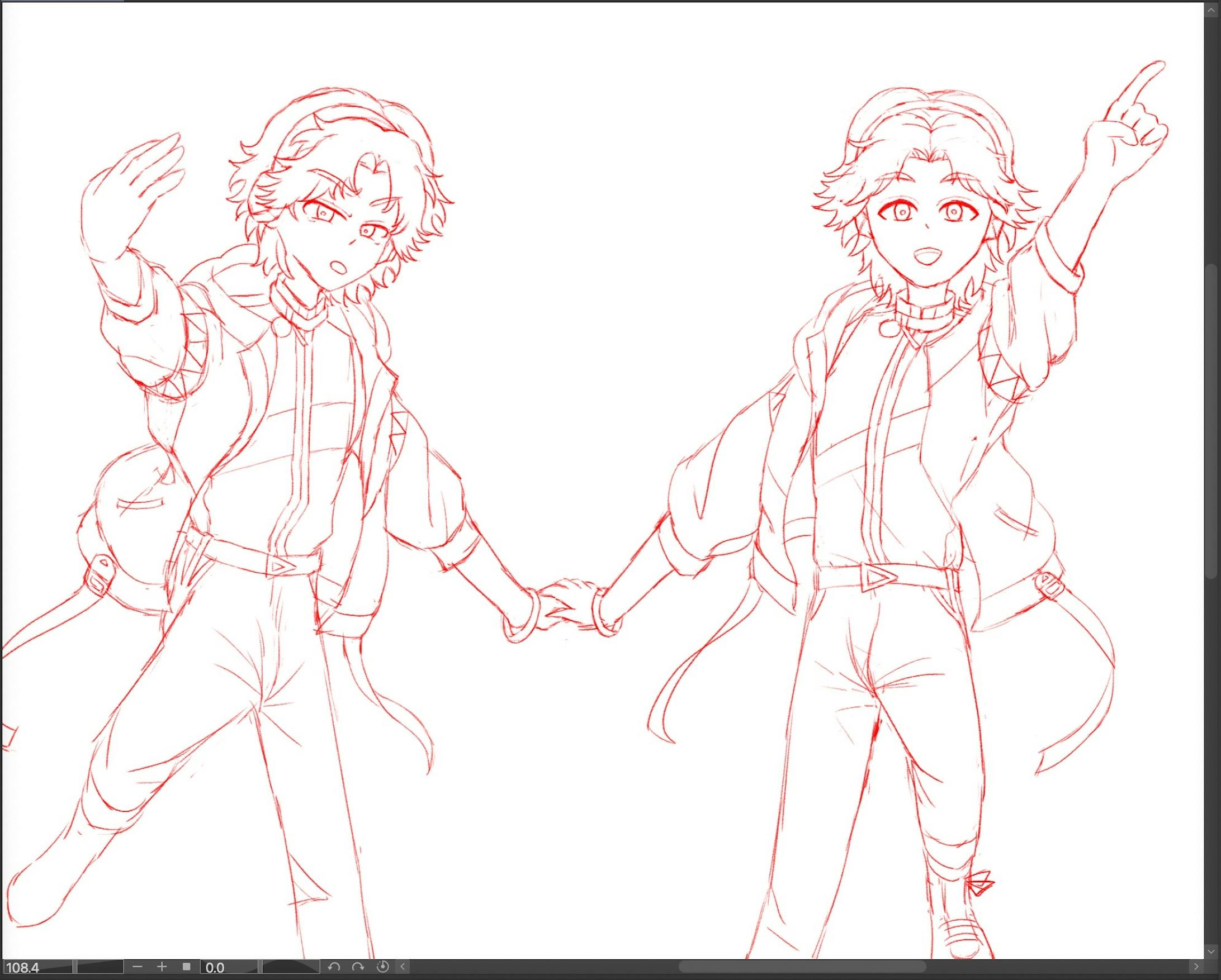 二人のラフを並べた図。二人以上作画する際にキャラクターのサイズ感に気をつけて描くのには苦労します。今回のコンセプトは双子ということで、尚更顔や体格を同サイズにしなければいけないのも、ラフ時点で苦戦した理由の一つ。