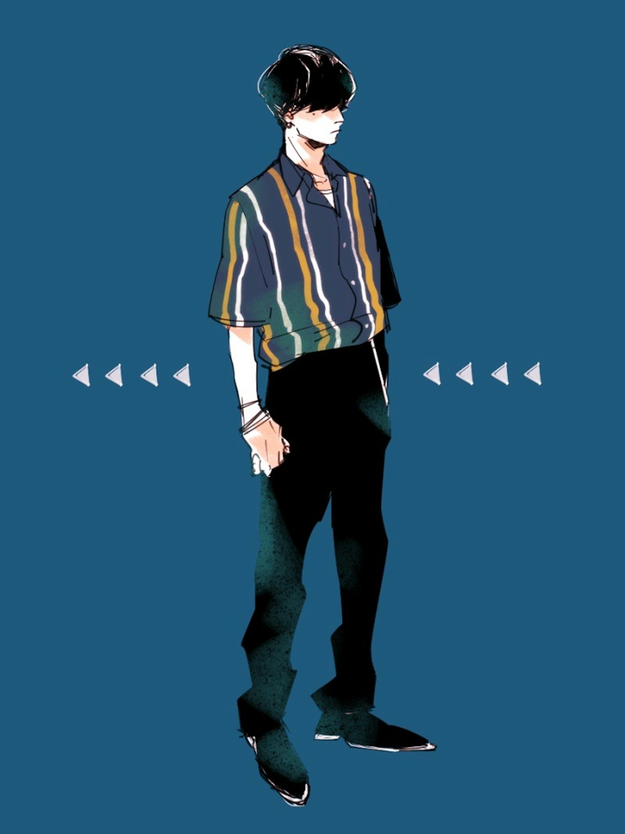 黒髪男子 柄シャツ