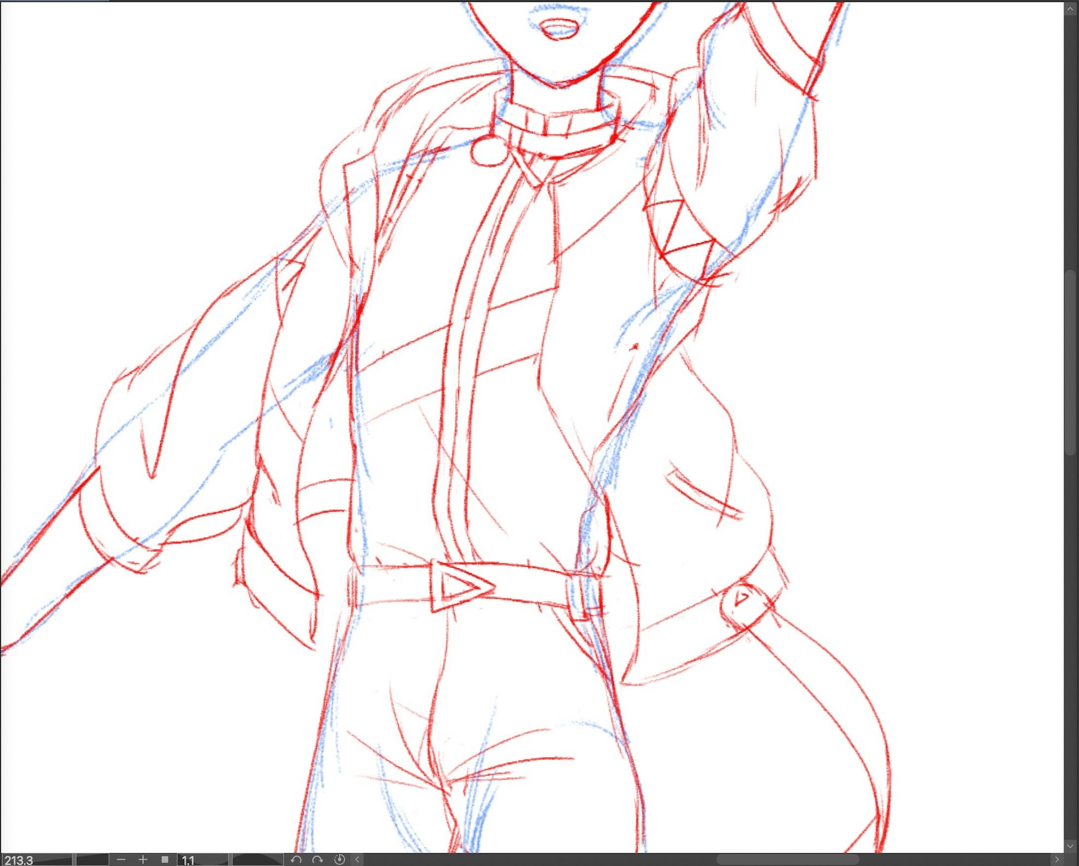 今回一番大変だった所。アタリに服を着せるように描くのに苦戦しました。元の衣装のデザインは、ゲームキャラクターの立ち絵やYouTubeの楽曲動画を何度も見返しながら、後々の工程を考慮してこの時点で8割くらい完成させました。その為、ラフだけ途中経過のスクリーンショットが多いです。