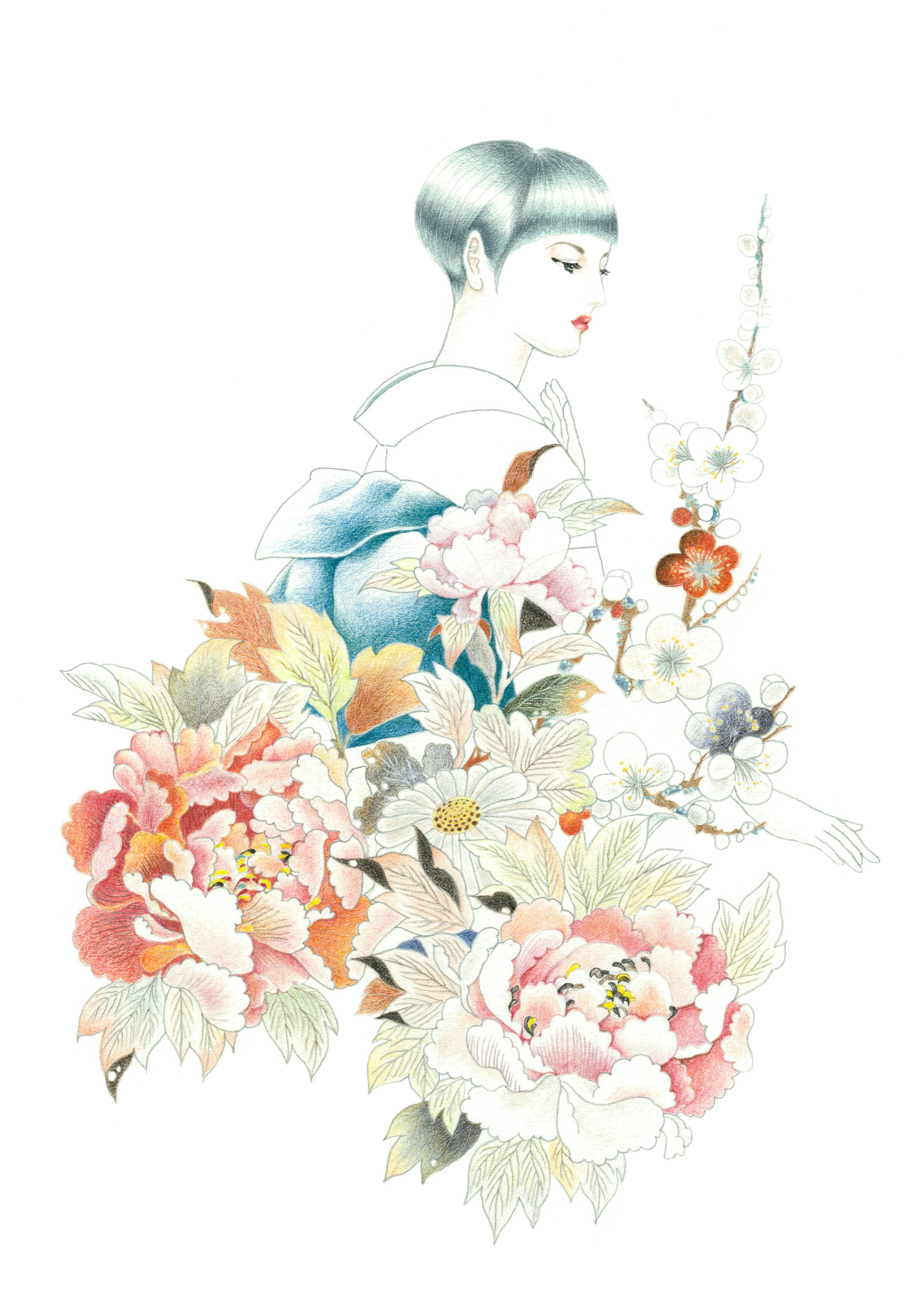 趣味 色鉛筆イラスト：和美人図-1