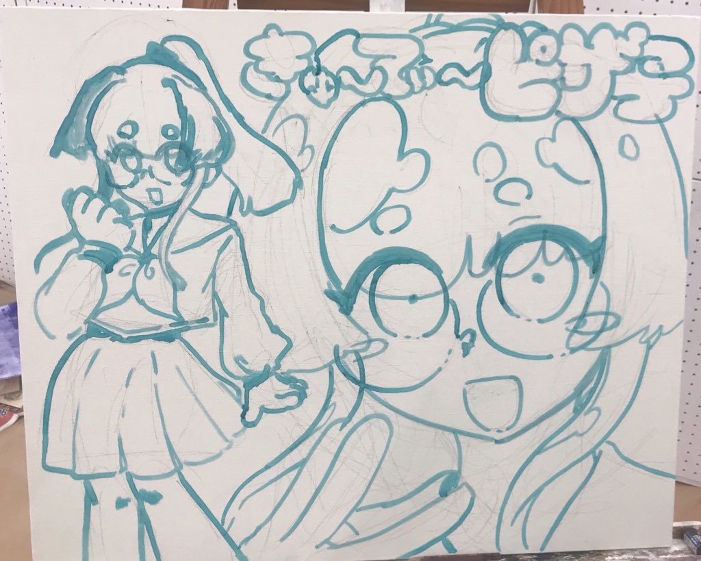 下書き。昔の手書き映画看板見たいなイメージで描き進めようと考えてました。デジタルの作風を絵の具でどれだけやれるかと言う試みです。当然、勝手が違うので四苦八苦しました。
