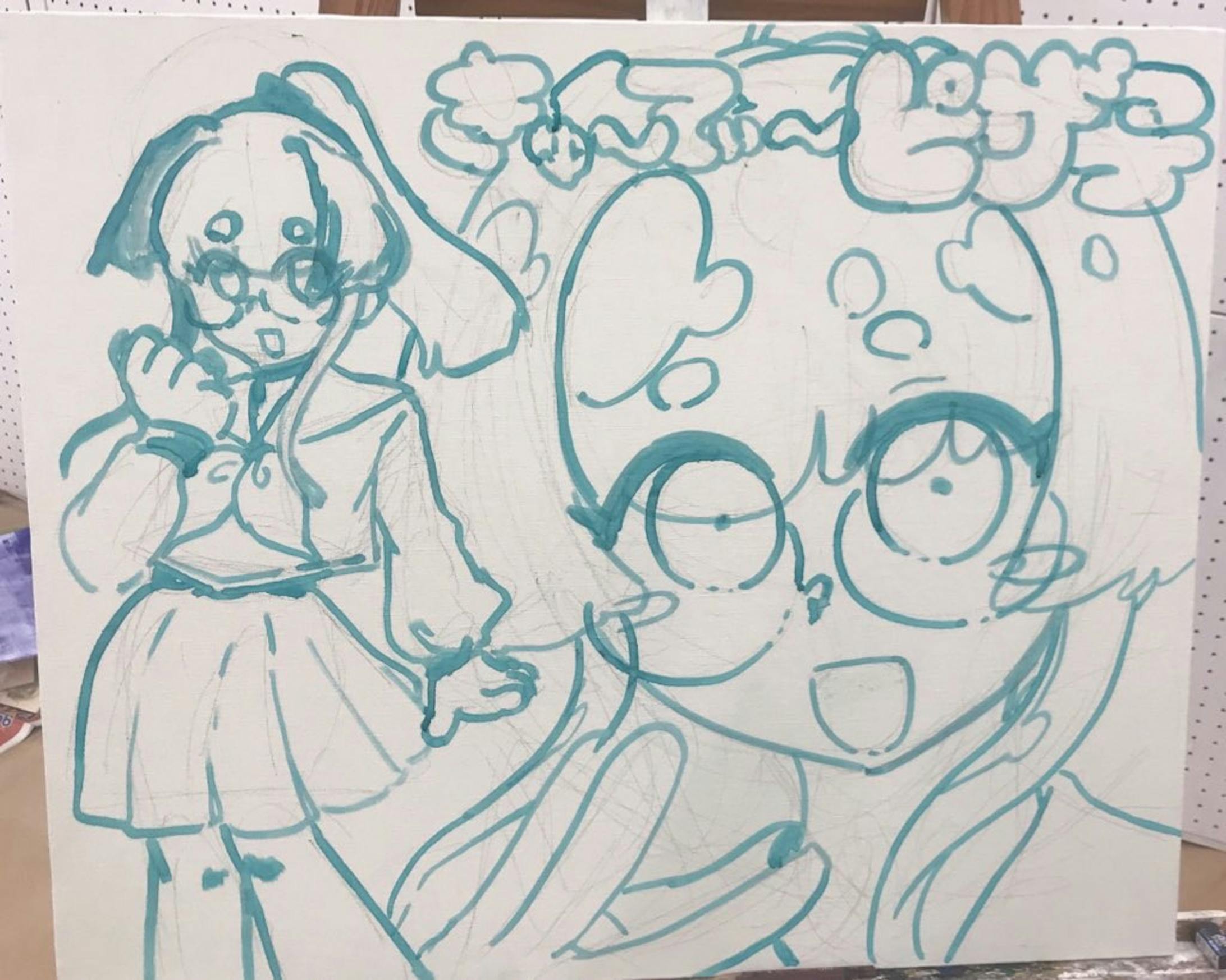 下書き。昔の手書き映画看板見たいなイメージで描き進めようと考えてました。デジタルの作風を絵の具でどれだけやれるかと言う試みです。当然、勝手が違うので四苦八苦しました。 下書き。昔の手書き映画看板見たいなイメージで描き進めようと考えてました。デジタルの作風を絵の具でどれだけやれるかと言う試みです。当然、勝手が違うので四苦八苦しました。