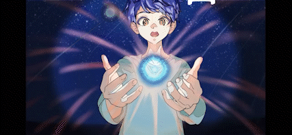 少年のアップイラストでは、星を捕まえて驚いた様子を表現するために、目パチの表情差分を描かせていただきました。※目の動きや、歌詞のアニメーションは動画師の方に制作していただいています…！