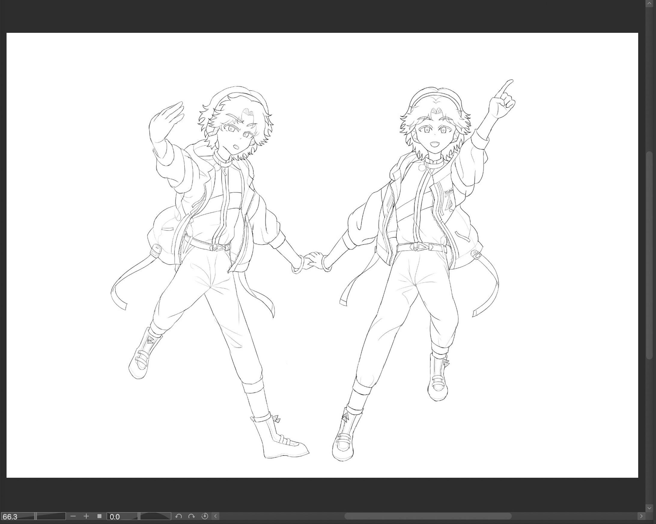 完成した線画。ベルトやパーカーの柄、ストラップ等のより細かな描き込みは、いっぺんにせず仕上がった大枠の線画に描き足しては修正するというラフと同じ手順をとっています。ここで突然言うのもなんですが、用事合間に描いてたこともあり、比較的に進まなかった日を2日挟んでいる為、線画完成時には制作開始から5日経過しています。 完成した線画。ベルトやパーカーの柄、ストラップ等のより細かな描き込みは、いっぺんにせず仕上がった大枠の線画に描き足しては修正するというラフと同じ手順をとっています。ここで突然言うのもなんですが、用事合間に描いてたこともあり、比較的に進まなかった日を2日挟んでいる為、線画完成時には制作開始から5日経過しています。